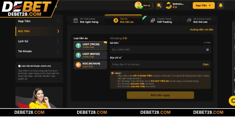 Giải thích quy trình để rút tiền DEBET thông quan nền tảng Crypto